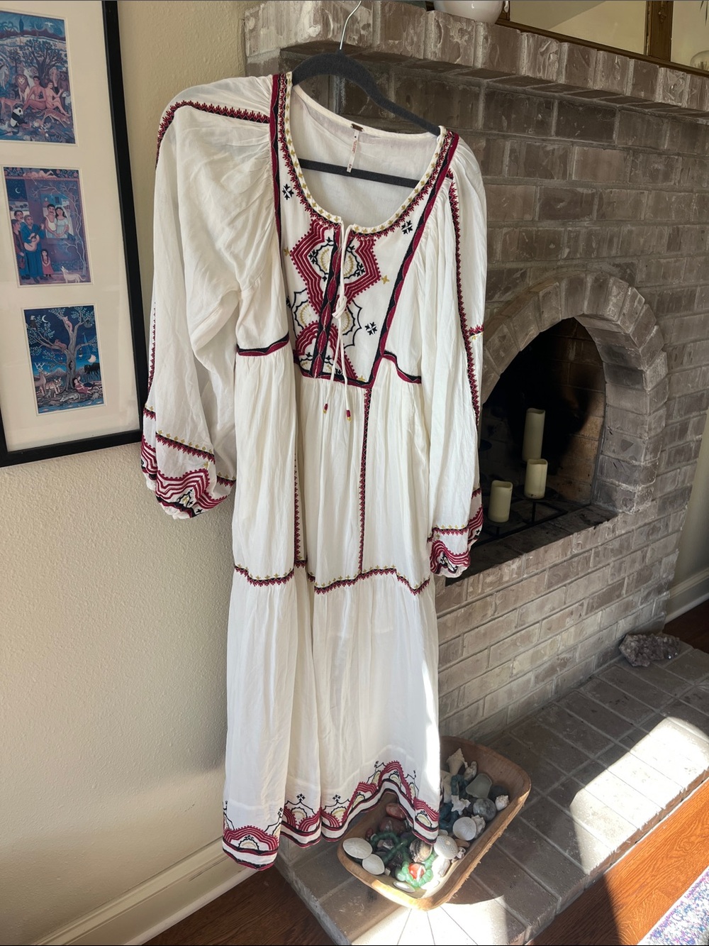 White Embroidered Boho Maxi Dress with Red Accents